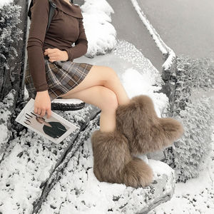 Bottes mi-mollet en fausse fourrure de raton laveur style Y2K pour femme, doublure douce en peluche, à enfiler, talon plat, semelle en caoutchouc, chaudes pour l'hiver - Product Image 2