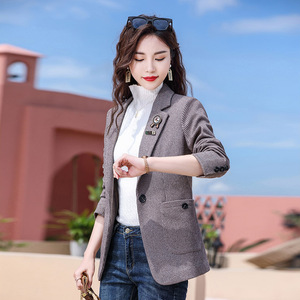 Houndstooth Blazer Women Grey Reddish Brown Lattice Polyester Fiber Anti Wrinkle Short Casual Spring Autumn Fit Petite Figures - Product Image 3