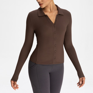 SUHE TS-006 Athena Lulu Camiseta de Yoga de Manga Larga para Mujer, Cierre de Botones al Frente, Color Sólido, Ajuste Ceñido, Ropa Deportiva - Product Image 1