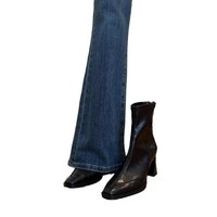 Bottines coréennes noires en cuir microfibre pour femme, à bout carré, avec fermeture éclair fine et chaussettes élastiques, pour l'automne et l'hiver, usage quotidien décontracté