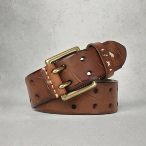 2026 Western Vintage Trendy <b>Printed</b> Casual Double-Buckle Men's <b>Jeans</b> Belt Copper Square Buckle Floral Pattern 3.8cm Width - Product Image 3