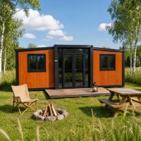 Maison conteneur extensible à double aile, maison préfabriquée pliable, maison modulaire à grain de bois pour camping, complexe hôtelier, bureau