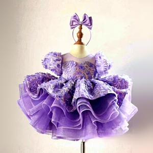 Abito da Principessa Viola da Sogno per Bambina di Un Anno, con Pizzo, Perline, Farfalle e Paillettes, Manica Corta, Nuovo Modello 2025 per Cerimonia dei Cento Giorni - Product Image 1