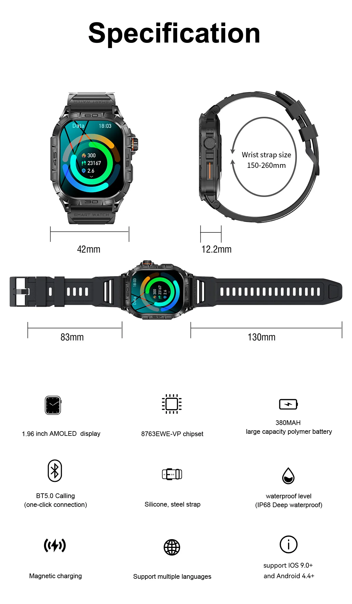 1.96 ''AMOLED grand écran K63 BT appelant 380mah batterie de grande capacité runged sports tactiques de plein air Smartwatch pour hommes