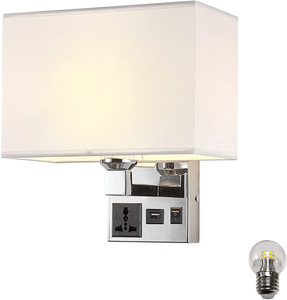 Bedside <strong>Wall</strong> <strong>Mount</strong> <strong>Light</strong> <strong>with</strong> USB and <strong>Plug</strong> LED Reading Swing Arm Fabric Shade <strong>Wall</strong> Sconce Hardwired <strong>Wall</strong> Lamp for Bedroom Hotel - Product Image 1