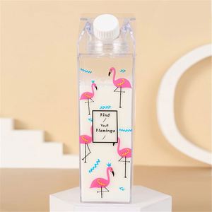 Nouvelle bouteille d'eau en plastique transparente de 16 oz, style été, boîte de lait carrée, forme de carton, boisson directe, applicable à l'eau bouillante - Product Image 5