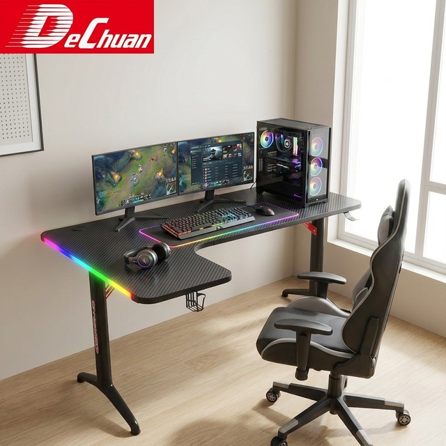 L Shaped Computer Desk with Cup Holder and Headphone Hook RGB USB Office Desk