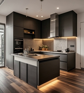 Armoires de cuisine modulaires modernes en bois, designs personnalisés, cuisine de villa avec éclairage LED - Product Image 3