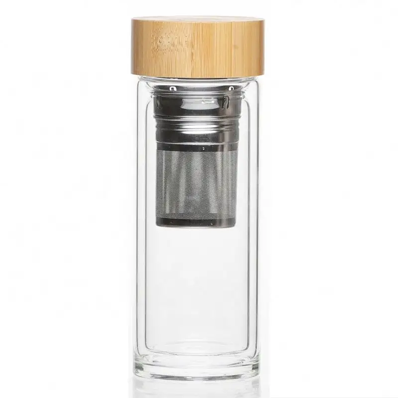 Botella de especias con tapas de bambú botella de agua de vidrio de doble pared té y botella de agua de vidrio personalizada portátil TR con tapa de Bambú