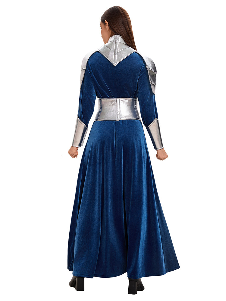 blue warrior dress Wholesale Costume Women Fantasy Princess Gown Silver Armor Detail Character Cosplay Stage Performance Outfit Vintage Navy Blue Prom #new-arrival up sides for a Dress Size:M