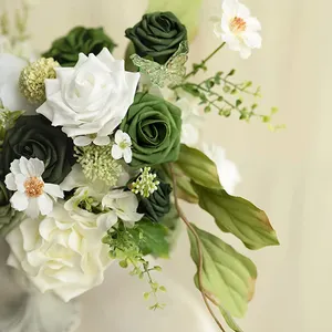 Flores de tacto real, rosas de jabón verde esmeralda, tonos artificiales de espuma de bosque, flores de rosas para decoración flexible, mariage