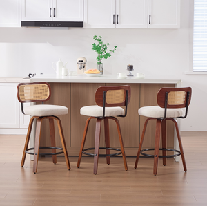 Set 3 26-Inch Counter Height <b>Bar</b> <b>Stools</b> Walnut Black Cane Rattan Back Beige Linen Upholstered Seat Swivel Eco-Friendly Gym - Product Image 1