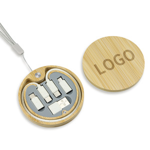 Custom Logo Bamboo <b>USB</b> Cable Set Round Tangle Free Charging Cable Organizer With Carabiner - Product Image 1