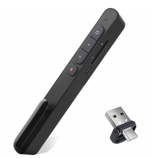 2.4G Clip Type Remote Control Wireless Presenter Red Laser Pointer with USB/USB-C AAA Battery Black 100M Range for Meeting