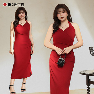 เดรสสายเดี่ยวคอปกสำหรับผู้หญิงไซส์ใหญ่ เอวธรรมชาติ สีดำ สีแดง โพลีเอสเตอร์ N8425 - Product Image 5