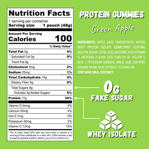 Private Label 17g Isolat de protéine de lactosérum alimentée par les muscles Gommes à haute teneur en protéines de pomme verte pour faibles calories sans édulcorants artificiels - Product Image 5