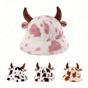 New Style Autumn Fashion Fuzzy Trendy Cow Pattern Print Plush Fisherman <b>Warm</b> Thick Winter Bucket <b>Hat</b> Women - Product Image 2