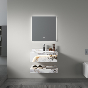 Mueble de baño moderno de doble capa Mable Rock Slate, mueble de lavabo ovalado con iluminación, juego de baño para hotel y escuela - Product Image 3