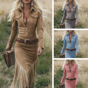 Robe Femme Rétro Western en Daim Uni à Franges, Col Rabattu, Fermeture Éclair, Coupe Ajustée aux Hanches, Manches Longues, Ourlet à Franges, Automne - Product Image 5