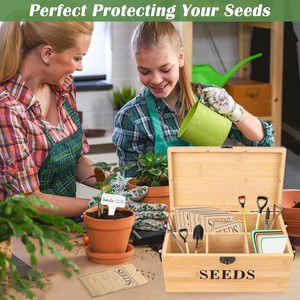 Wooden <b>Seed</b> <b>Storage</b> Box With Lock Bamboo Rectangular Desktop Plant Label Organizer For Garden Use - Product Image 2