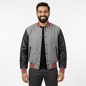 แจ็กเก็ตเบสบอลสำหรับผู้ชายเสื้อแจ็กเก็ตเลตเตอร์แมนแขนเสื้อหนัง - Product Image 1