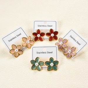 1 Paire de Boucles d'Oreilles Clous Florales Néo-Gothiques Colorées Tendance en Acier Inoxydable Plaqué Or Grandes Gouttes d'Huile Cadeau de Mariage pour Femme - Product Image 1