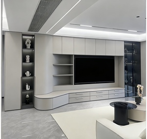 Meuble TV intégré gris moderne - Meuble de salon élégant avec étagères à éclairage LED et organisation de rangement dissimulée - Product Image 3
