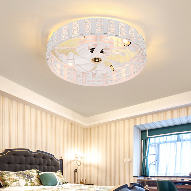 Contemporary Design Crystal Remote Control Home Dining Room Caged E27 Led Ceiling Fan with Light