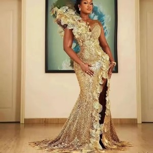 Vestidos de Fiesta Aso Ebi Dorados Personalizados de Talla Grande para Mujeres Negras, con <span class=keywords><strong>Lentejuelas</strong></span>, Encaje, Estilo Sirena, Abertura Lateral Sexy, para Cumpleaños - Product Image 3