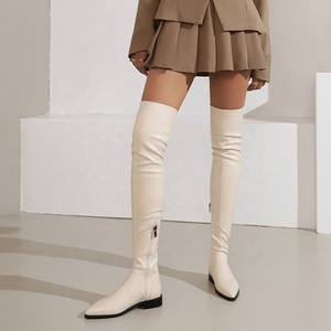 Stretch Skintight Women Flat Long Boots Pointed Toe Over <b>Knee</b> <b>High</b> Flats Shoes Wide Leg Size 48 Big Feet Ladies Booties - Product Image 2