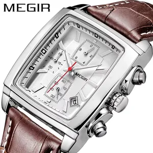 MEGIR 2028 2024 Original Watch Men Top Brand Luxury Rectangle Quartz Watches Waterproof Luminous Leather Wristwatch Men Clock