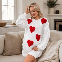 Individuelles LOGO Damen Creme Herz Rundhals-Pullover mit Ballonärmeln Chenille-Acryl-Mischung Modisch Schick Herbst Winter Trendig