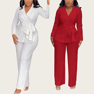 Últimos Diseños de Conjuntos <span class=keywords><strong>para</strong></span> <span class=keywords><strong>Mujer</strong></span>, Trajes de <span class=keywords><strong>Oficina</strong></span>, Top con Cuello en V y Pantalones Anchos de Pierna, Conjunto de Dos Piezas, Ropa Femenina - Product Image 1