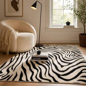 <span class=keywords><strong>Tapis</strong></span> d'intérieur YIHOUSE 46 pieds <span class=keywords><strong>en</strong></span> polyester, moderne, lavable, à rayures abstraites, noir/crème/blanc, pour salon et salle à manger, taille moyenne - Product Image 1