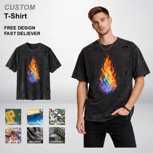 Camiseta Personalizada de Estilo Urbano con Gráfico de Llamas para Hombre, Camiseta Extra Grande de Algodón Lavado con Efecto Desgastado, OEM - Product Image 1