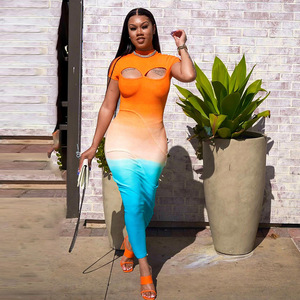 Chic évider contraste couleur robe à manches courtes coupe ajustée Sexy femmes tenue décontractée 2024 - Product Image 2