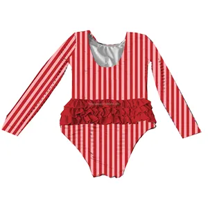 Customize Girls Long Sleeve Recycled Plastic Bottles Beachwear Ruffle Multicolor Stripes 1 Piece Swimsuit New Zealand