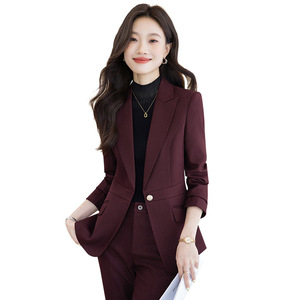 Gray Women's Two-Piece Suit Set Slim Fit Flared Trousers Formal Spring Anti-Wrinkle Polyester Worsted Full Sleeve - Product Image 5