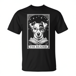 T-shirt vintage Jack Russell Terrier avec carte de tarot, vêtement promotionnel pour les lecteurs et les amoureux des livres - Product Image 2