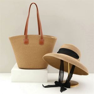 En gros : Chapeau de paille d'été à large bord pour femme et sac de plage en paille tressée en papier de grande capacité - Product Image 4