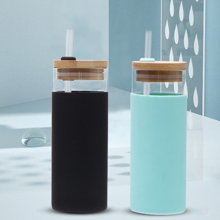 20oz Glass Tumbler Glass Water Bottle Straw Silicone Protective Sleeve Bamboo Lid