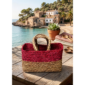 Handwoven Grass <b>Basket</b> <b>with</b> Festive Trimand <b>Handle</b> (red) Eco-Friendly Stylish Storage grass <b>Basket</b> - Product Image 5