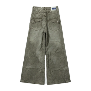 Custom Men Ripped Jeans Mud Wash Distressed Frayed Wide Leg Denim Trousers Plaid Patchwork Detail Vintage <strong>DenimPants</strong> - Product Image 2