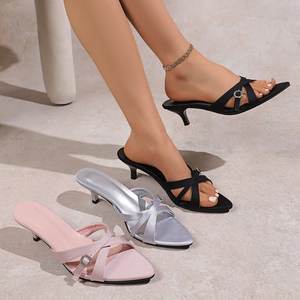 628-2 새로운 슬림 스트랩 백 중공 슬림 힐 샌들 뾰족한 새틴 크로스 스트랩 낮은 굽 여성 신발 - Product Image 2