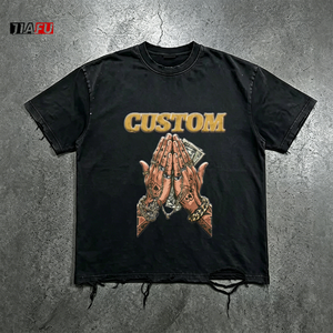 240gsm Heavyweight <strong>T</strong> <strong>Shirt</strong> <strong>Men</strong> Distressed Boxy Fit Graphic Print Tshirt Vintage Streetwear <strong>Mens</strong> Black Tee Top Bulk Custom - Product Image 1