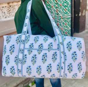 Blue Floral Cotton Duffle <b>Bag</b> With Striped Handles Zipper Closure Large Capacity Duffel <b>Travel</b> <b>Bag</b> - Product Image 4