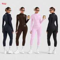 Set Yoga 2 Potong OEM Wanita, Jaket Crop Lengan Panjang Kerah Tegak Resleting Penuh dengan Lubang Ibu Jari, Legging Pinggang Tinggi Model Peach Butt, Pakaian Olahraga Aktif