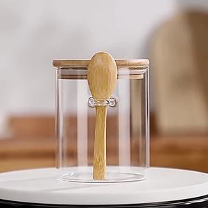 Bocaux en verre borosilicate transparent de plusieurs tailles avec cuillère en bois et couvercle hermétique en bambou et silicone pour fruits secs - Product Image 3