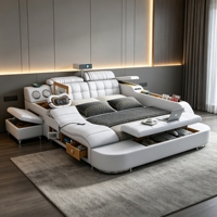 Lit double intelligent haut de gamme Tatami avec fonction massage, projecteur, audio Bluetooth et grand meuble de rangement pour home cinéma