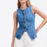 YUANBOFEI Gilet en jean sans manches pour femme, haute qualité, triple boutonnage, coupe ajustée, ourlet fendu, couleur unie, court